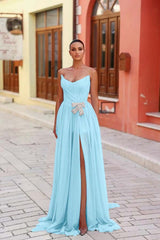 Blue A Line Prom Dress Sleeveless Strapless Formal Dress With Beadings and Rhinestones