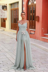 Blue A Line Prom Dress Sleeveless Strapless Formal Dress With Beadings and Rhinestones