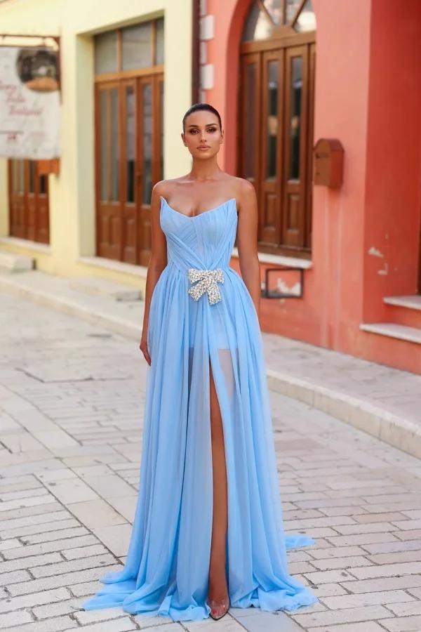 Blue A Line Prom Dress Sleeveless Strapless Formal Dress With Beadings and Rhinestones