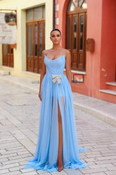 Blue A Line Prom Dress Sleeveless Strapless Formal Dress With Beadings and Rhinestones