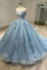 Blue Ball Gown Prom Dress Cap Sleeve Off the Shoulder Formal Dress With Lace Appliques