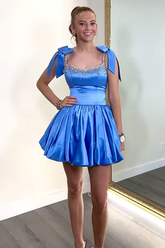 Blue Beaded A Line Homecoming Dresses Short Cocktail Dresses With Bow