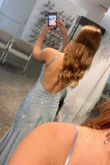 Blue Beaded Prom Dress Mermaid Evening with Slit