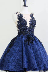 Blue Crew Neck Homecoming Dress Lace Short Evening Dress