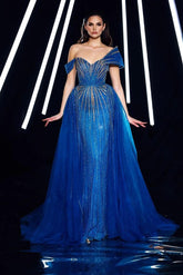 Blue Detachable Train Prom Dress Cap Sleeve Asymmetric Formal Dress With Beadings and Rhinestones