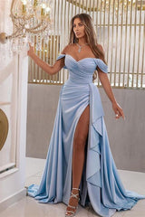Blue Detachable Train Prom Dress Cap Sleeve Off the Shoulder Satin Formal Dress