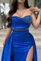 Blue Detachable Train Prom Dress Cap Sleeve One Shoulder Formal Dress With Beadings and Rhinestones