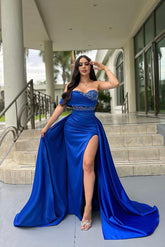 Blue Detachable Train Prom Dress Cap Sleeve One Shoulder Formal Dress With Beadings and Rhinestones
