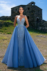 Blue Detachable Train Prom Dress Sleeveless Spaghetti Straps Formal Dress With Sequins