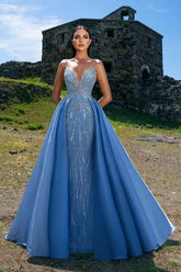 Blue Detachable Train Prom Dress Sleeveless Spaghetti Straps Formal Dress With Sequins