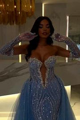 Blue Detachable Train Prom Dress Sleeveless Sweetheart Formal Dress With Beadings and Rhinestones
