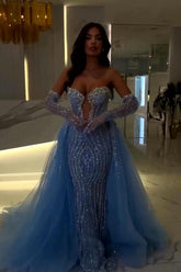 Blue Detachable Train Prom Dress Sleeveless Sweetheart Formal Dress With Beadings and Rhinestones