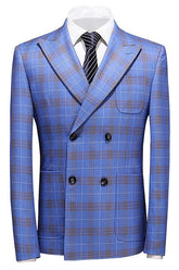 Blue Double Breasted Plaid Business Suit for Men