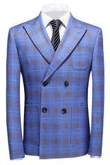 Blue Double Breasted Plaid Business Suit for Men