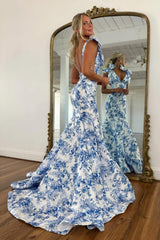 Dressystars Blue Floral Print Mermaid Prom Dress With Bow Shoulder Straps Formal Evening Gown