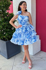 Blue Floral Ruffled A Line Homecoming Dresses One Shoulder Short Cocktail Dresses