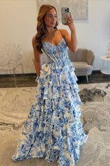 Dressystars Blue Floral Spaghetti Straps Ruffle High-Slit Prom Dress With Lace Bodice Formal Evening Gown