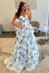 Blue Floral Sweetheart Tiered Prom Dress With Corset Bodice Formal Evening Gown