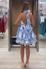 Blue Flower Halter Homecoming Dresses Tulle Tiered A-Line Short Cocktail Dresses