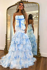 Blue Flower Prom Dress Sweetheart Mermaid Ruffled Long Formal Dress With Bow