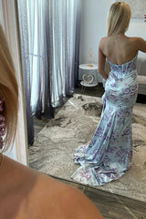 Blue Flower Satin Prom Dress Mermaid Printed Corset Ruffled Long Formal Dress With Slit