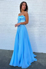 Dressystars Blue Flowing Chiffon Strapless Corset Prom Dress With Bow Bodice Formal Evening Gown
