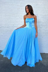 Dressystars Blue Flowing Chiffon Strapless Corset Prom Dress With Bow Bodice Formal Evening Gown
