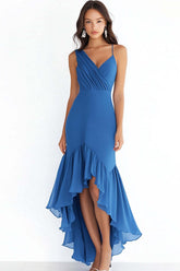 Blue Formal Dress Chiffon V Neck High-Low Sheath Wedding Guest Dress With Ruffles