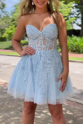 Blue Homecoming Dress A Line Lace Cute Short Party Cocktail Dress