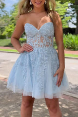 Blue Homecoming Dress A Line Lace Cute Short Party Cocktail Dress