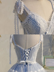 Blue Homecoming Dress A Line Lace V Neck Short Party Cocktail Dress