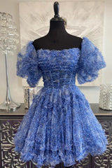 Blue Homecoming Dress Cute Puff Sleeves ruffle edge A Line Prints Short Party Cocktail Dress