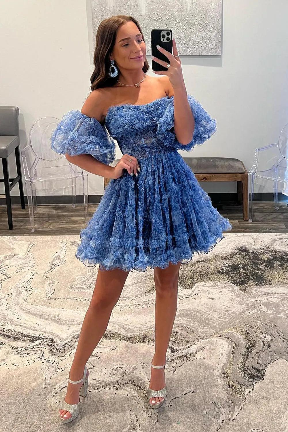Blue Homecoming Dress Cute Puff Sleeves ruffle edge A Line Prints Short Party Cocktail Dress