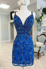 Blue Homecoming Dress Floral Lace Delicate Beading Lace Up Back Short Party Cocktail Dress