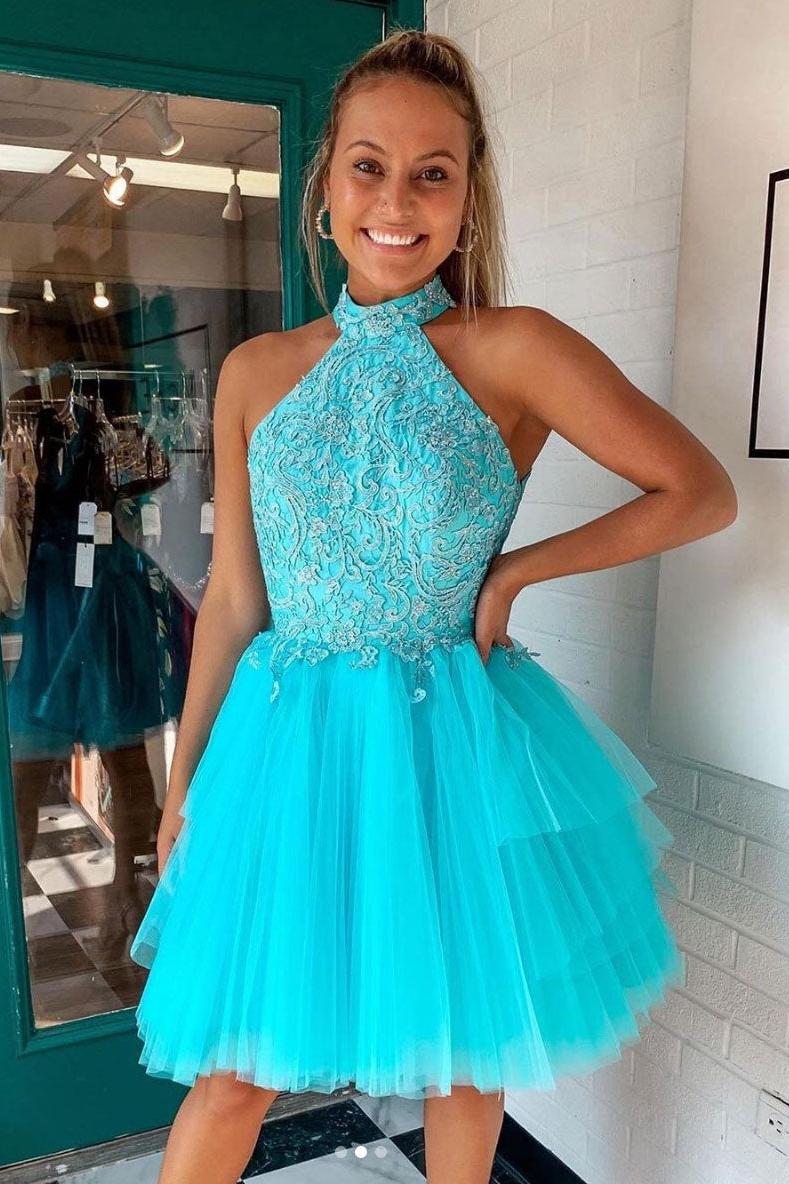 Blue Homecoming Dress High Neck Tulle Lace Short Party Cocktail Dress