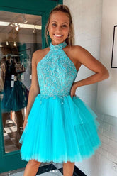 Blue Homecoming Dress High Neck Tulle Lace Short Party Cocktail Dress