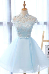 Blue Homecoming Dress High Neck Tulle Lace Short Party Cocktail Dress