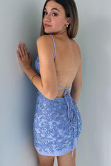 Blue Homecoming Dress Lace Appliques Short Party Cocktail Dress