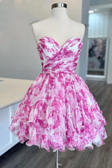 Blue Homecoming Dress Print Heart shaped Ruffle Short Party Cocktail Dress