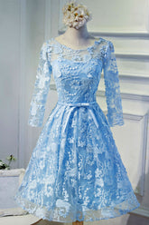 Blue Homecoming Dress Round Neck Lace Short Party Cocktail Dress