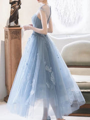 Blue Homecoming Dress Round Neck Tulle Tea Length Party Cocktail Dress