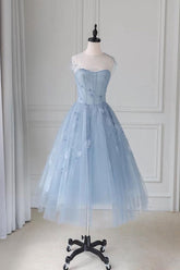 Blue Homecoming Dress Round Neck Tulle Tea Length Party Cocktail Dress
