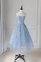 Blue Homecoming Dress Round Neck Tulle Tea Length Party Cocktail Dress
