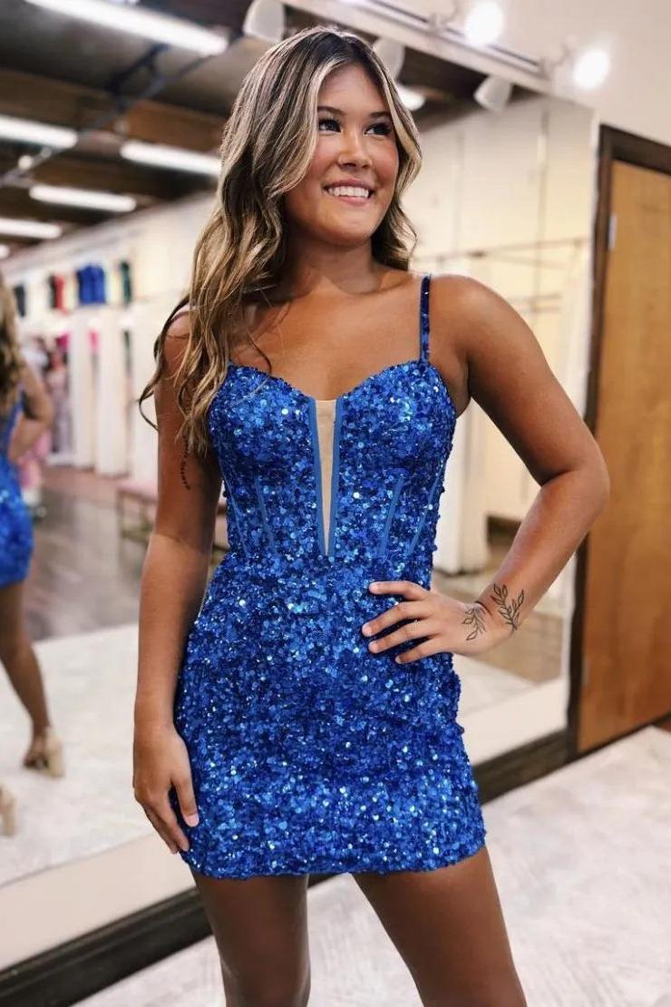 Blue Homecoming Dress Sequin Style Scoop Neck Lace Up Bodycon Fitting Short Party Cocktail Dress