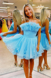 Blue Homecoming Dress Strapless Ruffled A Line Short Party Cocktail Dress