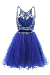 Blue Homecoming Dress Two Piece Tulle Beaded Short Party Cocktail Dress