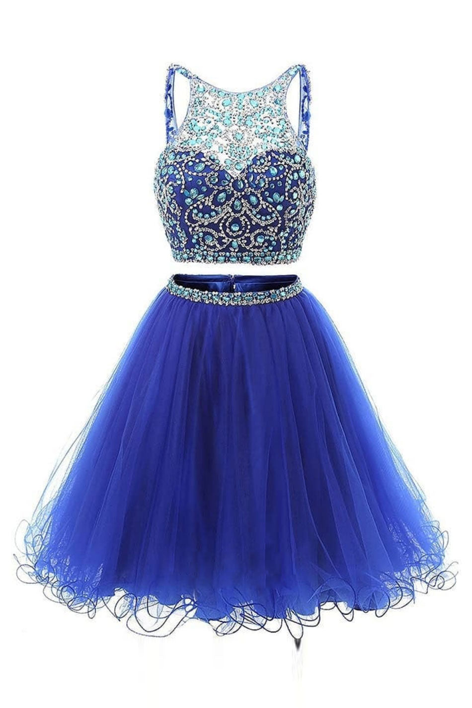 Blue Homecoming Dress Two Piece Tulle Beaded Short Party Cocktail Dress