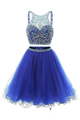 Blue Homecoming Dress Two Piece Tulle Beaded Short Party Cocktail Dress