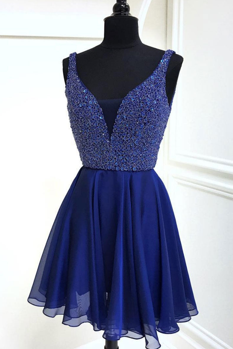 Blue Homecoming Dress V Neck Chiffon Short Party Cocktail Dress