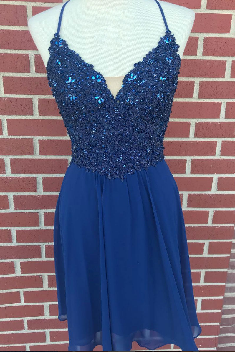 Blue Homecoming Dress V Neck Lace Chiffon Short Party Cocktail Dress